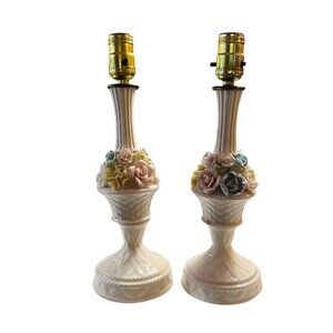 Vintage Porcelain Bedside Table Lamps 3D Rose Buds Tested